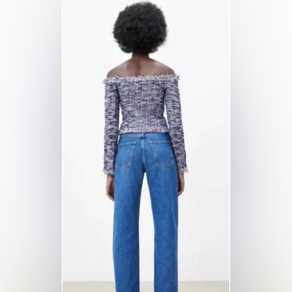 Zara Tweed Frayed Off-Shoulder Sweater Top size L - Picture 3 of 7